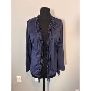 Colleen Lopez Navy Blue Faux Suede Fringe Sleeve jacket topper blazer small NWOT